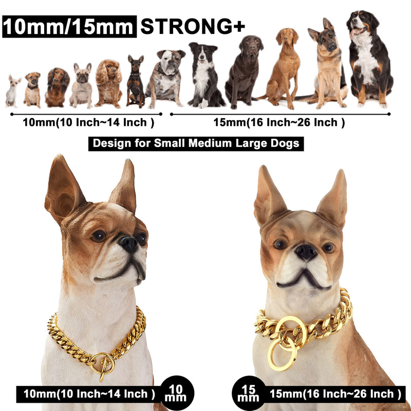 Loveshine Chain Dog Collar 18K Gold Cuban Link Dog Chain 15MM Thick Chain Collar Metal Stainless Steel Heavy Duty Slip Dog Collars for Small, Medium, and Large Dogs(16in to 26in) 12"（Can Over Head of 8" to 11") - BeesActive Australia