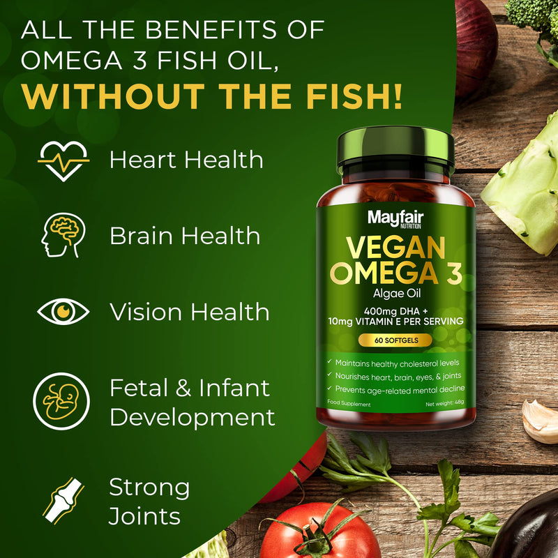 Vegan Omega 3 from Sustainable Algae Oil - 60 Vegan Capsules Rich in Algae Omega 3 Fatty Acids - 400mg DHA & 10mg Vitamin E Per Daily Serving - BeesActive Australia