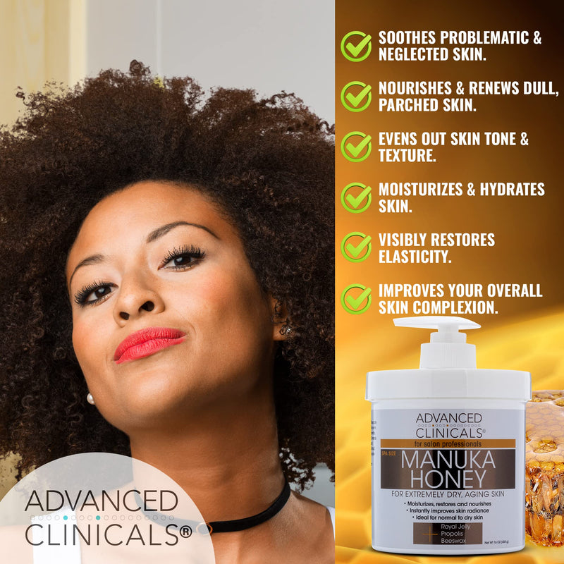 Advanced Clinicals Manuka Honey Cream Face Moisturizer & Body Butter Lotion For Dry Skin | Firming & Hydrating Miracle Balm Skin Care Moisturizing Lotion For Women, Wrinkles, & Sun Damaged Skin, 16Oz 16 Ounce (Pack of 1) Manuka Honey Body Cream - BeesActive Australia