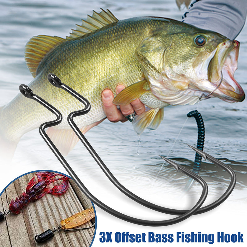 Offset Bass Fishing Hooks, 100pcs Wide Gap Worm Hooks 3X High Carbon Steel Bait Jig Fish Hooks for Bass Trout Saltwater Freshwater 100pcs-3/0 - BeesActive Australia