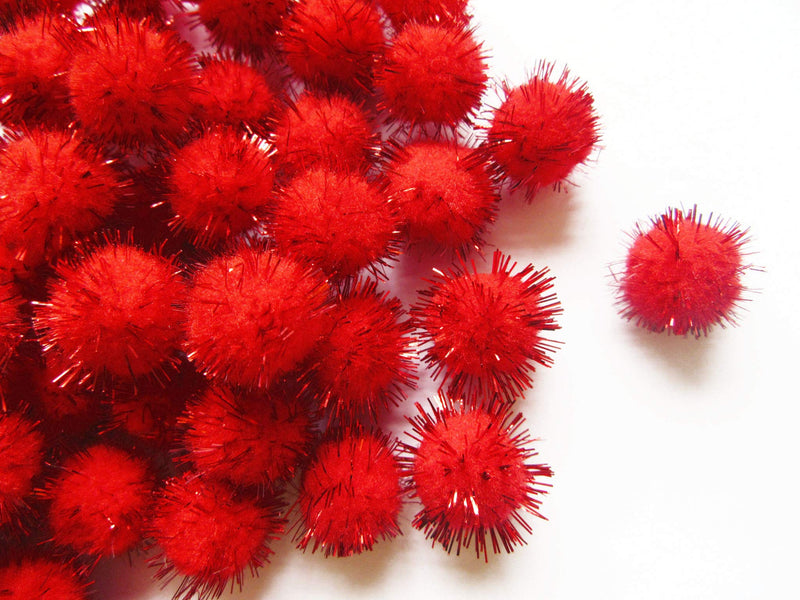XiXiboutique 100pcs Pom Poms Glitter Poms Sparkle 1 Inch(25mm) Balls Cat Toy for Kittens-Red Red - BeesActive Australia