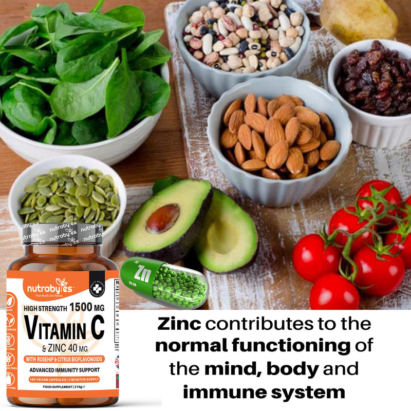 High Strength Vitamin C and Zinc Capsules | Vitamin C 1500mg and Zinc 40mg | Enhanced with Rosehip and Citrus Bioflavonoids | for Maintenance of Normal Immune System | 180 Vegan Capsules | Made in UK 180 Count (Pack of 1) - BeesActive Australia