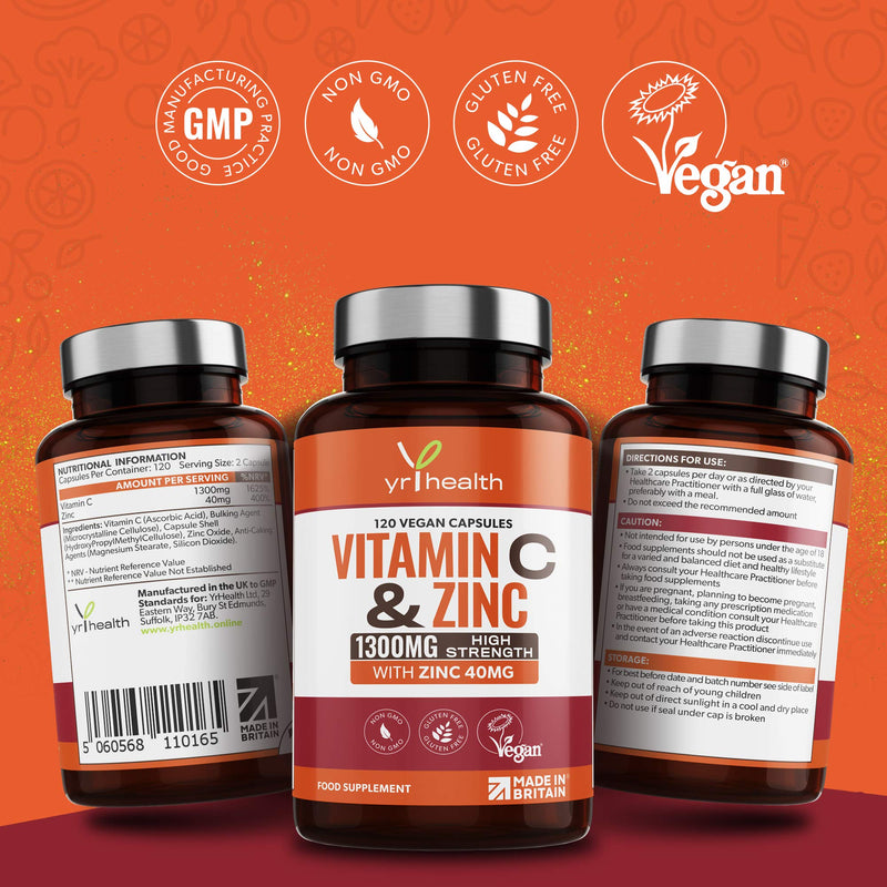 Vitamin C 1300mg and Zinc 40mg High Strength - VIT C and Zinc for Maintenance of Normal Immune System - 120 Vegan Capsules not Tablets - 2 per Daily Serving - Made in The UK by YrHealth - BeesActive Australia
