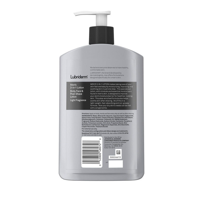 Lubriderm Men's 3-In-1 Lotion Enriched with Soothing Aloe for Body and Face, Non-Greasy Post Shave Moisturizer with Light Fragrance, 16 fl. oz - BeesActive Australia