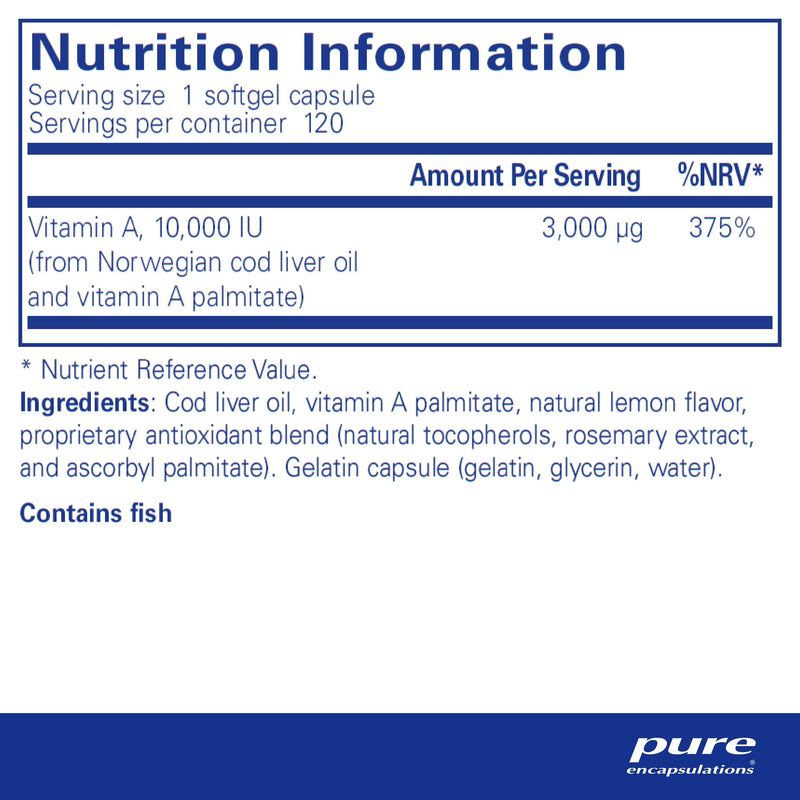 Pure Encapsulations - Vitamin A 10,000 IU - Cod Liver Oil - Supports The Maintenance of Normal Skin, Vision and Immune Function - 120 Softgel Capsules - BeesActive Australia