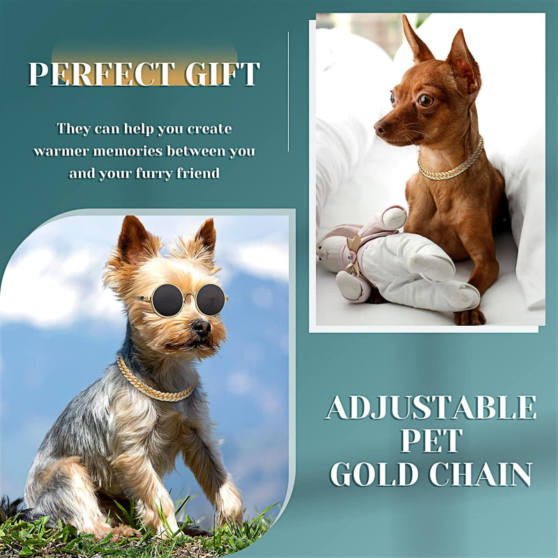2 Pieces Gold Cat Dog Chain Collar and Sunglasses Set Rhinestone Cuban Collar Chain with Design Secure Buckle Retro Round Glasses for Dogs Cats Party Cosplay Costumes Funny Photo Props 16 Inch - BeesActive Australia