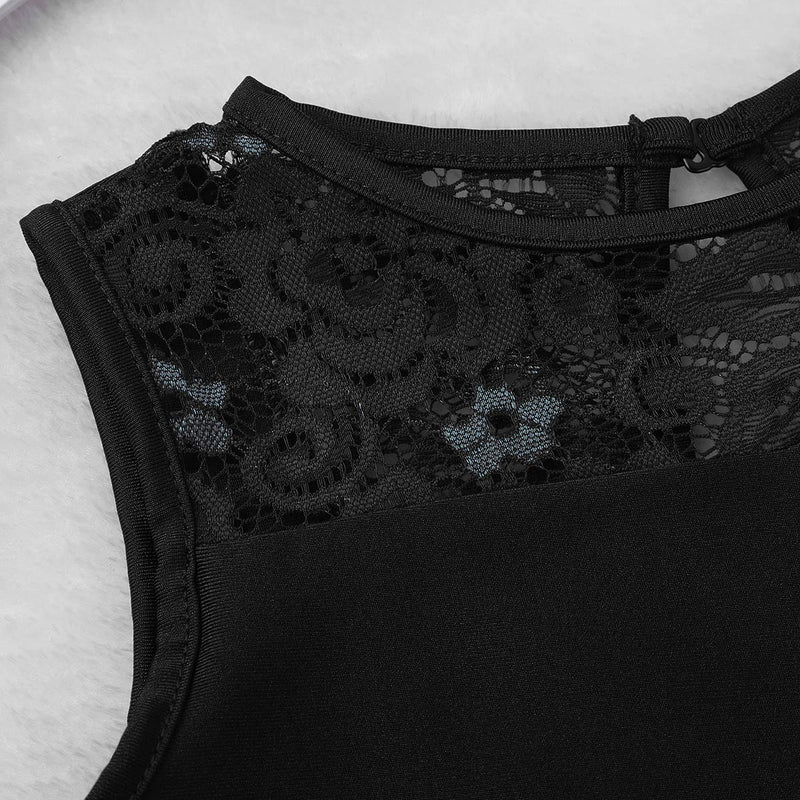 [AUSTRALIA] - renvena Kids Girls Classic Ballet Dance Leotard Gymnastic Active Sleeveless Floral Lace Splice Keyhole Back Bodysuit Black 10-12 