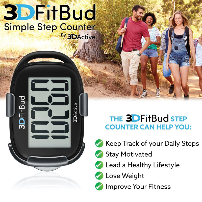 3DFitBud Simple Step Counter Walking 3D Pedometer with Clip and Lanyard, A420S Black with Clip - BeesActive Australia