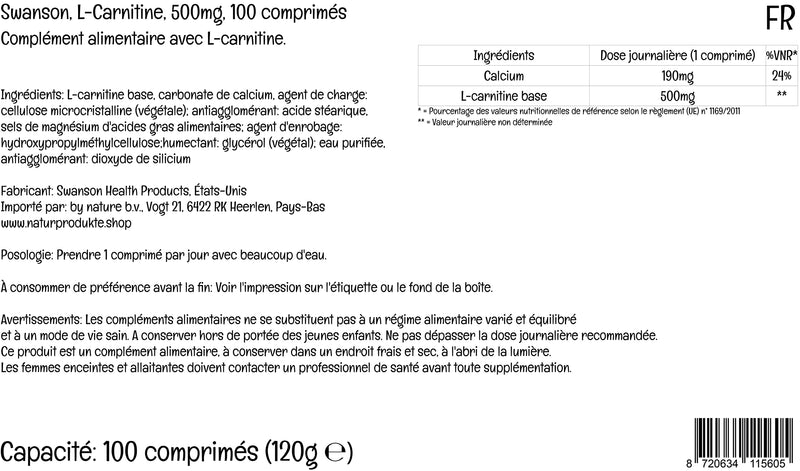 Swanson, L-Carnitine (L-Carnitine-Base), 500mg, 100 Vegan Tablets, High-Dose, Lab-Tested, Vegetarian, Soy-Free, Gluten-Free, Non-GMO - BeesActive Australia
