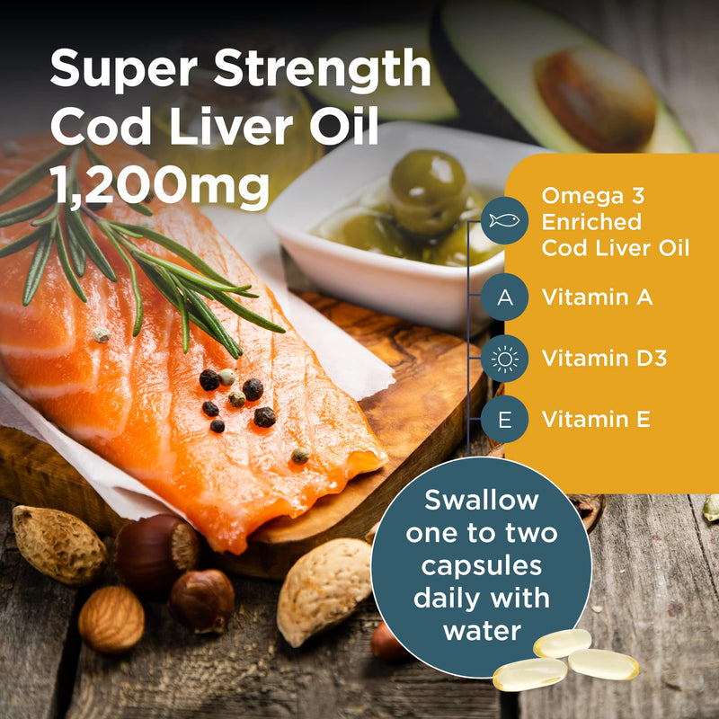 Healthspan Super Strength Cod Liver Oil 1,200mg (120 Capsules) | Supports Heart, Brain & Eye Health | Added Vitamin A, D3 and Calcium | Rich in Omega-3 Fatty Acids DHA & EPA | Sustainably Sourced - BeesActive Australia