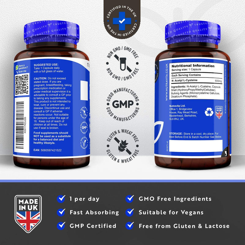 NAC N-Acetyl-Cysteine 600mg – 150 Vegan Capsules – 5 Months Supply of NAC Supplement – High Bioavailability and No Fillers or Binders - N Acetyl Cysteine Amino Acid – Made in The UK by Nutravita - BeesActive Australia