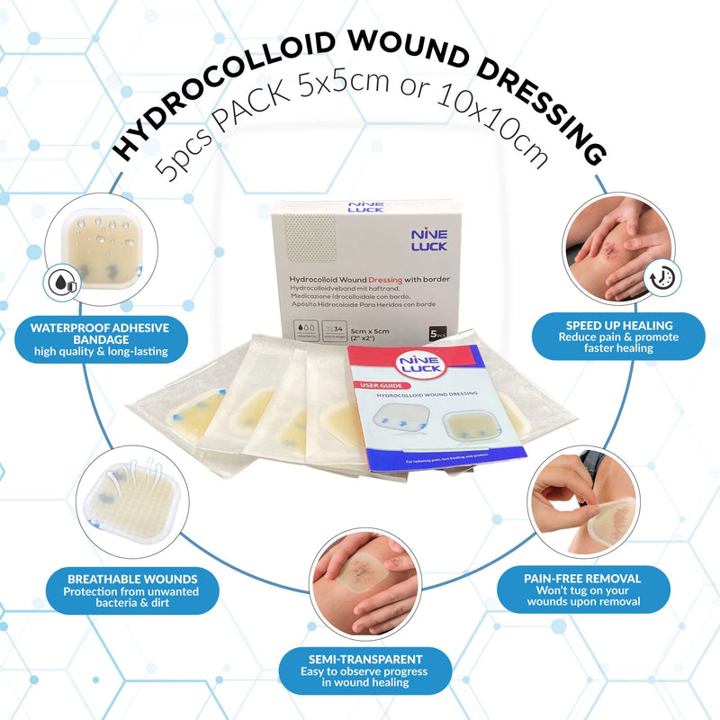 5pcs - 5cm x 5cm Hydrocolloid Wound Dressing Pads with Border - Sterile Waterproof Adhesive Bandages for Wounds - Medical and First Aid Supplies – for Cuts Scratches Burns Pressure Sores e.g. 5x5 cm (Pack of 5) - BeesActive Australia