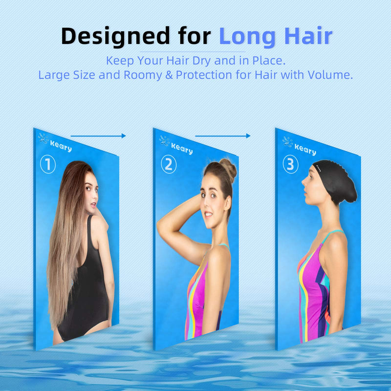 Keary 2 Pack Updated Silicone Swim Cap for Long Hair Women Girl Waterproof Bathing Pool Swimming Cap Cover Ears to Keep Your Hair Dry, 3D Soft Stretchable Durable and Anti-Slip, Easy to Put On and Off Black & Blue【M】 - BeesActive Australia