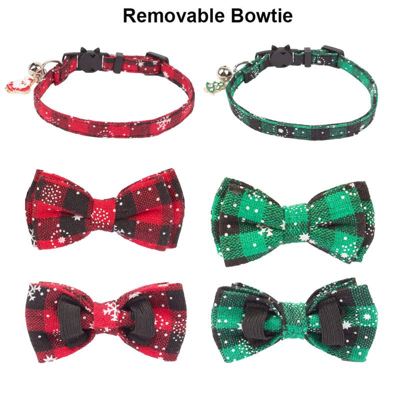 ADOGGYGO Christmas Cat Collar Breakaway with Cute Bow Tie Bell - 2 Pack Kitten Collar Red Green Plaid Pattern Xmas Kitten Collar with Removable Bowtie Cat Bow tie Collar for Kitten Cat (Red&Green-1) - BeesActive Australia