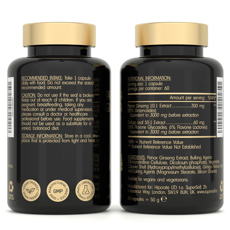 Panax Korean Ginseng Tablets - 6000mg Red Ginseng and Ginkgo Biloba - Supplements for Men & Women - High Strength 20% Ginsenosides Standardised - 60 Herbal Capsules - Premium Ginseng Root - UK Made - BeesActive Australia
