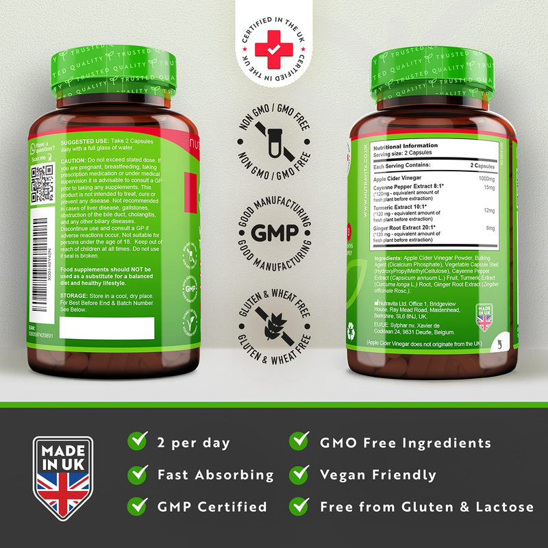 Apple Cider Vinegar Capsules with Cayenne Pepper, Turmeric and Ginger Root - 180 Vegan Capsules Made from UK Grown Apples - Raw Unfiltered ACV - 1033mg Daily Dosage - Made in The UK by Nutravita 180 Count (Pack of 1) - BeesActive Australia