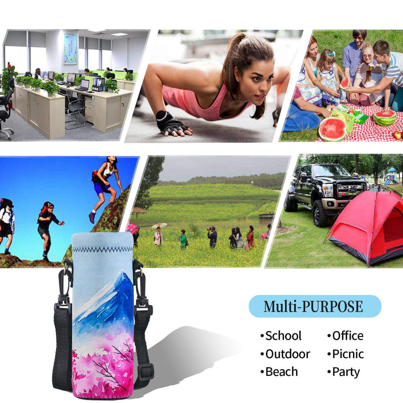 Water Bottle Sling Case Bag Carrier Holder - 500ML 750ML 1000ML Neoprene Water Bottle Sleeve Cooler Cover Pouch with Adjustable Shoulder Strap for Men Women Kids Travel Camping Walking Hiking Running Cherry Blossoms & Fujiyama 500ML/16.9oz - BeesActive Australia