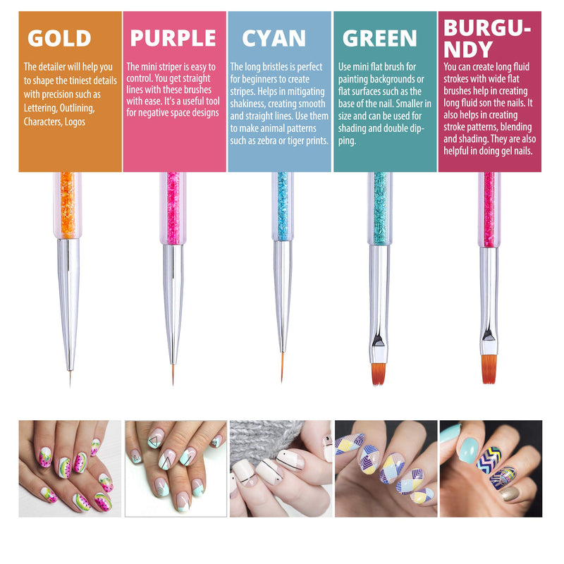 Cizoackle Nail Art Brushes - Double-Ended Brush and Dotting Tool Kit - Elegant Nail Pen Set with Shiny Handles - Easy To Use Professional Liner Tools 5 Pcs - BeesActive Australia