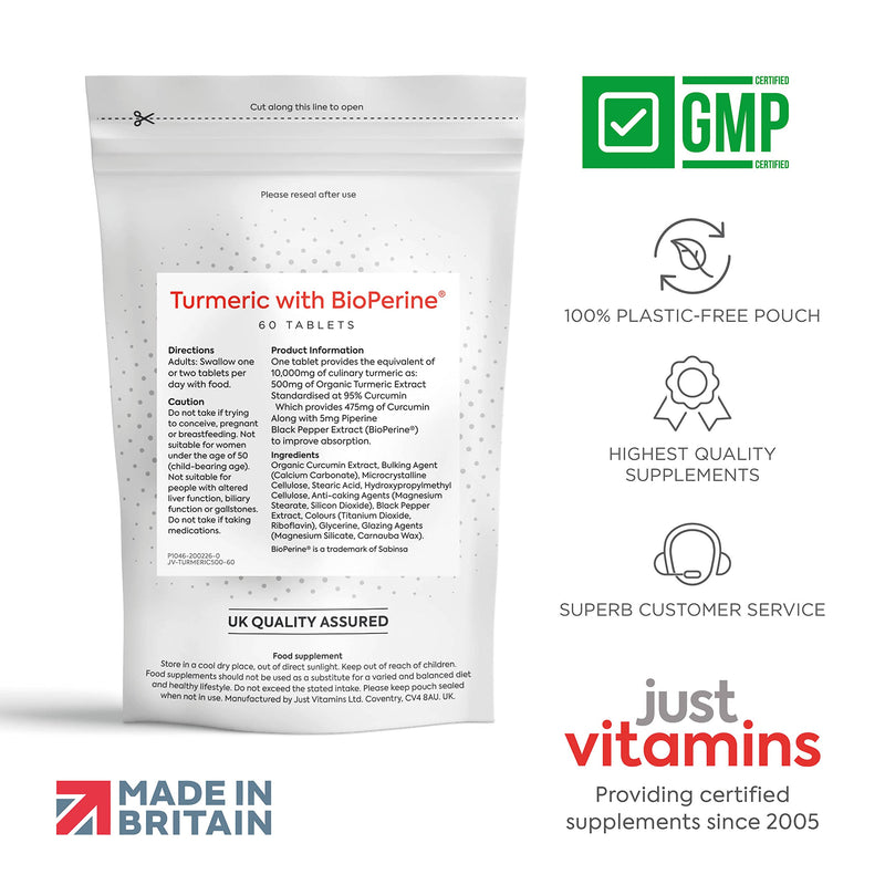 High Strength Turmeric Curcumin 95% + Black Pepper Bioperine� 10,000mg Tablets x60, 2 Month Supply, Advanced Turmeric Supplement with Patented Black Pepper Extract for Max Absorption - UK Made 60 Count (Pack of 1) - BeesActive Australia