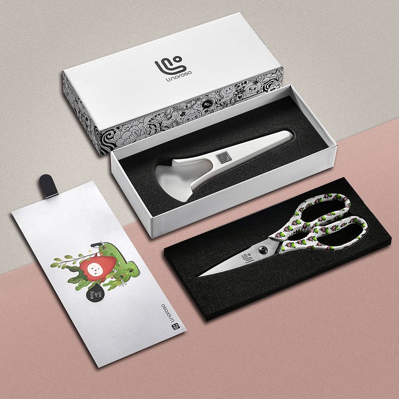 Linoroso Kitchen Scissors Heavy Duty Kitchen Shears with Magnetic Holder Made with Japanese Steel 4034, Multipurpose Ultra Sharp Cooking Scissors for Meat/Vegetables/BBQ/Herbs/Pizza (Graphic,Chili) White/Chili - BeesActive Australia