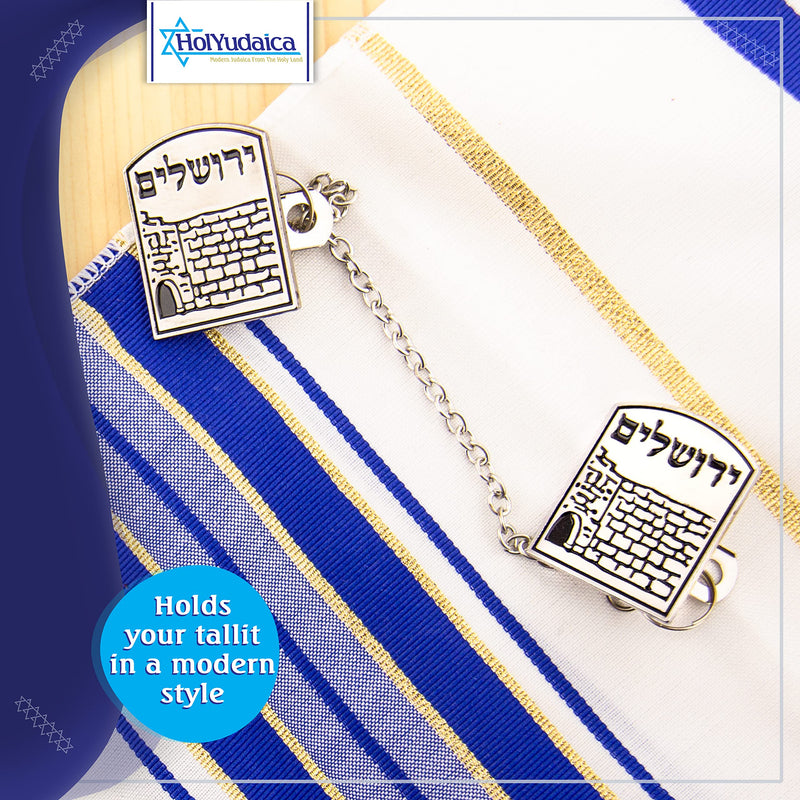 Clips for Tallit Prayer Shawl, Made in Israel, Silver & Black Color, with The Jerusalem Western Wall and Jerusalem Word Written in Hebrew, 3 cm / 3.5 cm - BeesActive Australia