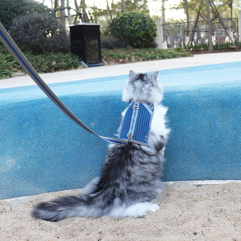 pangdi Cat Harness and Leash Escape Proof Double Protection Fully Adjustable Sturdy Soft Mesh with Reflective Strips for Walking and Traveling Blue Large - BeesActive Australia