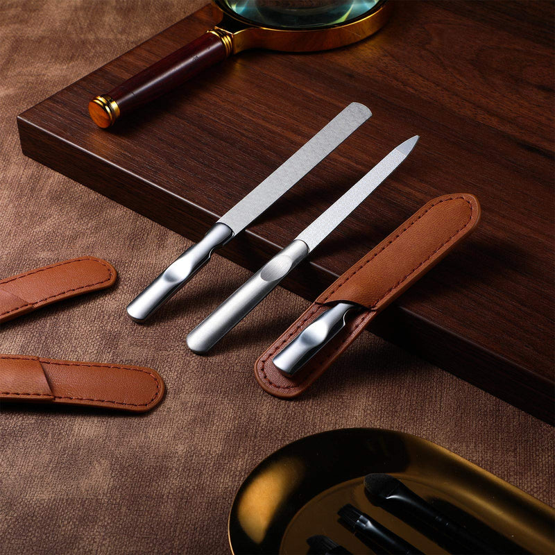 3 Pieces Stainless Steel Nail Files with Leather Case, Double Sided Metal Nail Files with Anti-slip Handle, Metal Nail File Buffer Manicure Pedicure Tools for Fingernail Toenail, Fine and Coarse Brown - BeesActive Australia