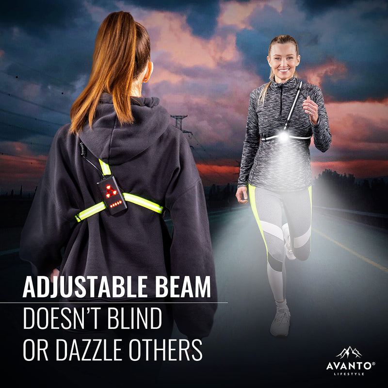 AVANTO PRO Chest Running Light for Runners and Joggers, Original, Adjustable Beam and Reflector, All in one Reflective Running Vest Gear, Safety Light, Headlamp Flashlights, USB LED Bicycle Light Black - BeesActive Australia