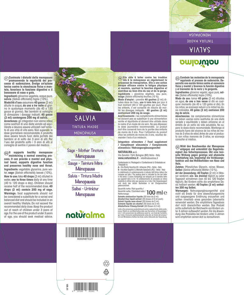 Sage (Salvia officinalis) Leaves Alcohol-Free Mother Tincture Naturalma | Liquid Extract Drops 100 ml | Food Supplement | Vegan 100 ml (Pack of 1) - BeesActive Australia