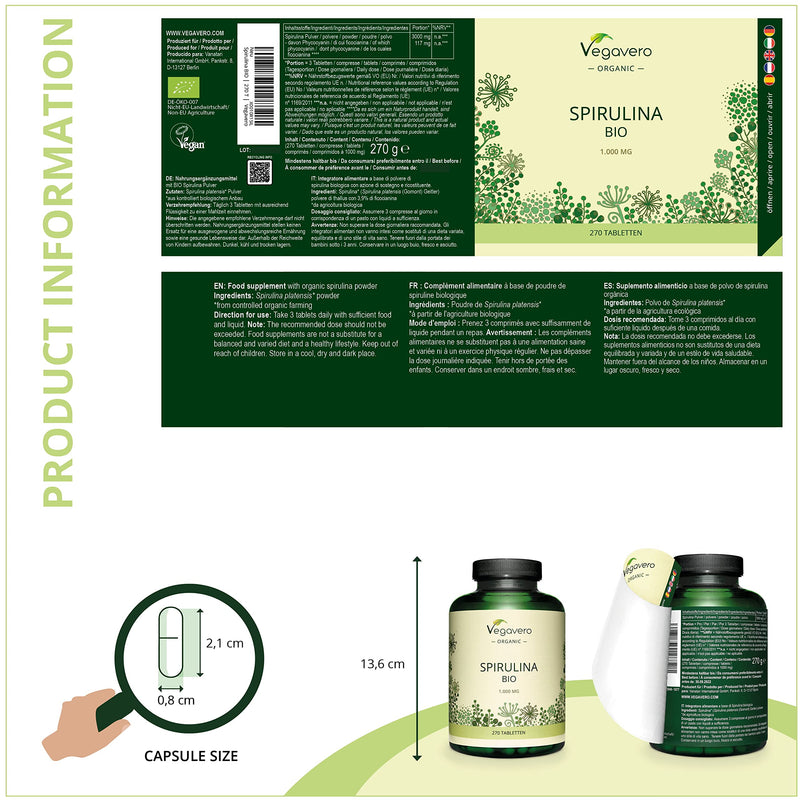 Spirulina Vegavero® | 100% Organic | 1000mg per Tablet | NO Additives | 270 Vegan Tablets | Rich Source of Protein, Vitamins & Minerals - BeesActive Australia