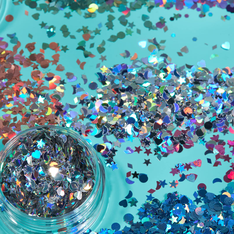 Holographic Glitter Shapes by Moon Glitter - Black - Cosmetic Festival Makeup Glitter for Face, Body, Nails, Hair, Lips - 3g - BeesActive Australia