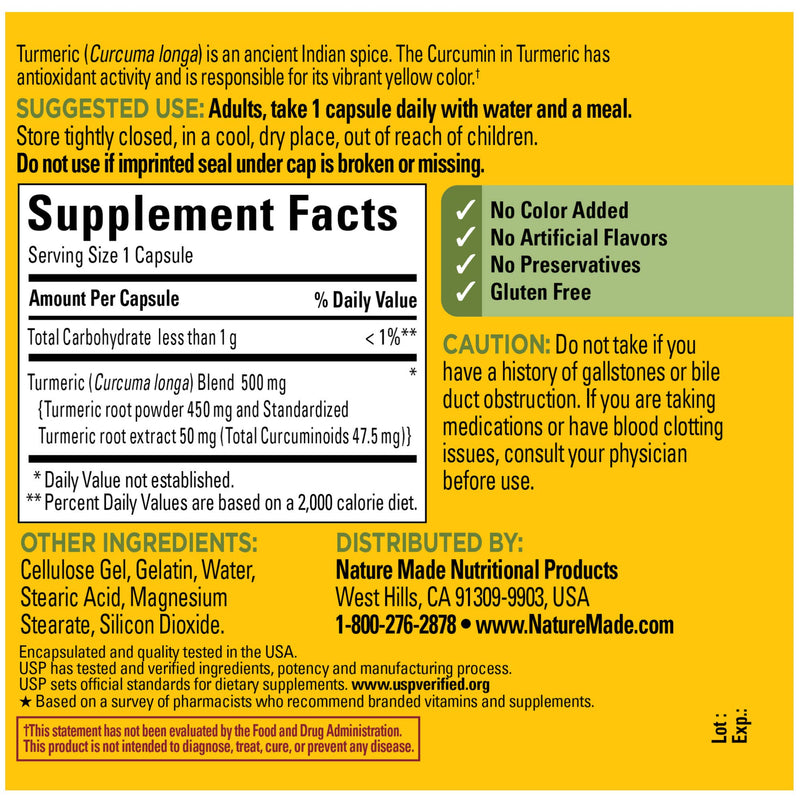 Nature Made Turmeric 500 mg Capsules, 120 Count for Antioxidant Support 120 Count (Pack of 1) - BeesActive Australia