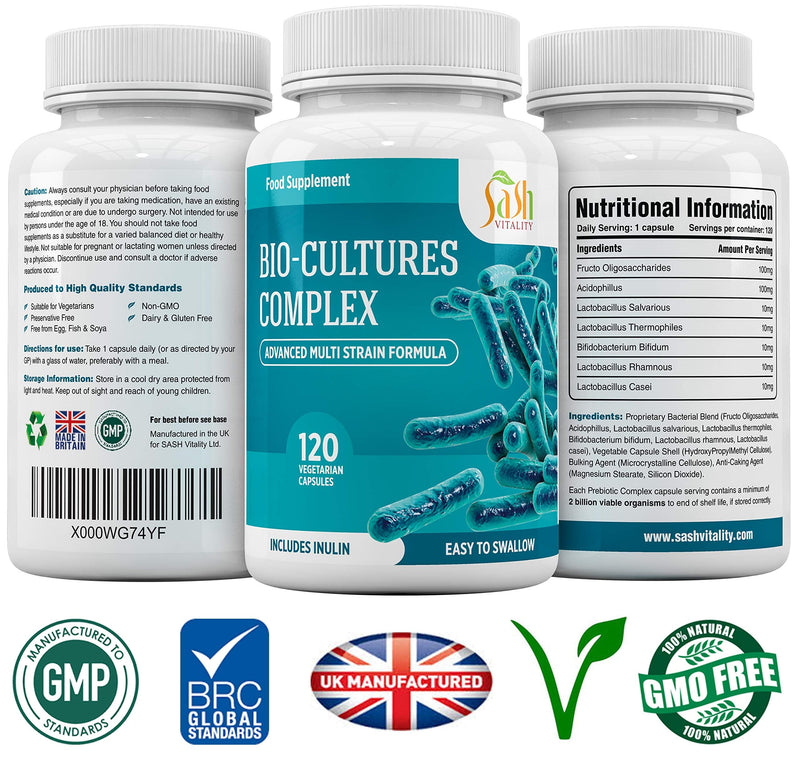 Bio-Cultures Complex Probiotics for Adults - 120 Vegetarian Capsules - Advanced Multi-Strain - Prebiotic Inulin - Active Strains Lactobacillus Acidophilus & Bifidobacterium - UK Made Sash Vitality - BeesActive Australia