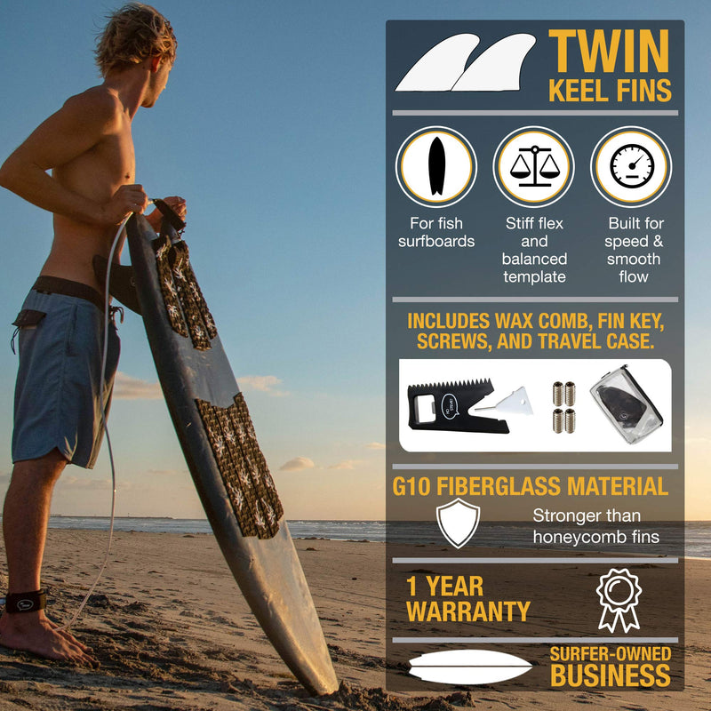 Ho Stevie! Surfboard Twin Keel Fins (2 Fins) - Twin Tab or Single Tab Sizes, with Fin Bag, Screws, Wax Comb and Fin Key - Fins for Fish Surf Boards Black - BeesActive Australia