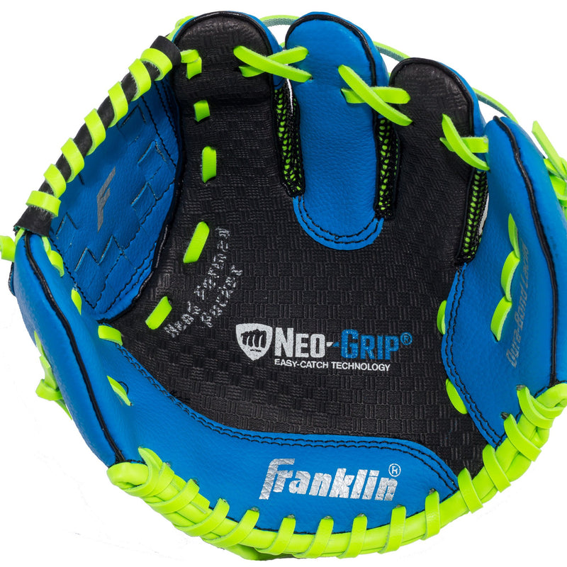 [AUSTRALIA] - Franklin Sports Teeball Glove - Left and Right Handed Youth Fielding Glove - Neo-Grip - Synthetic Leather Baseball Glove - 9.0 Inch - Ready To Play Glove with Ball Blue 