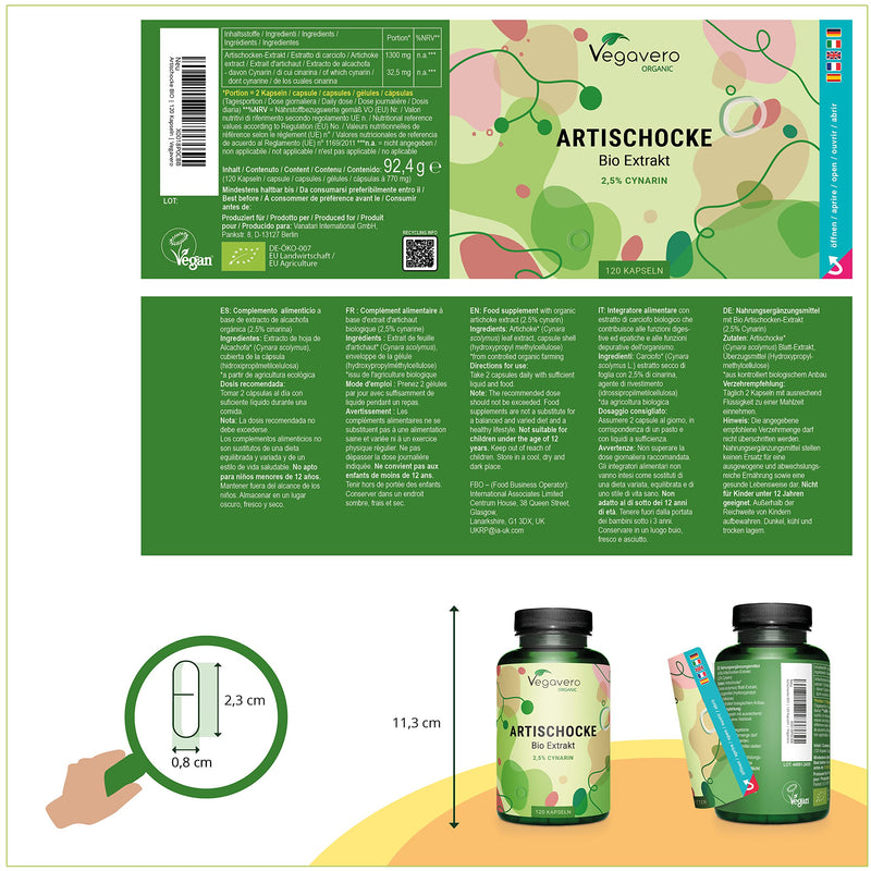 Organic Artichoke Vegavero� | 6500mg (10:1) Artichoke Extract High Strength | No Leaf Fibre (No Inulin) | 2.5% Cynarin | NO Additives, Lab-Tested | Made in Germany | 120 Artichoke Capsules | Vegan - BeesActive Australia