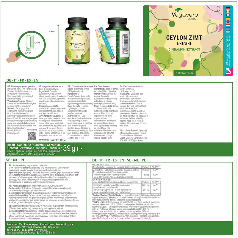 Ceylon Cinnamon 2000mg Vegavero� | High Strength Extract (8:1) | Without Additives | Lab-Tested | 4 Months Supply � 120 Vegan Capsules - BeesActive Australia