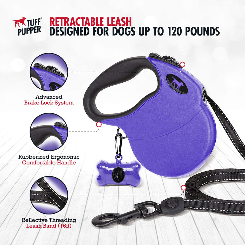 Tuff Pupper Heavy Duty Retractable Dog Leash | 16 ft Dog Leash with Reflective Stitching for Nighttime Safety | One Button Lock and Release | Comfortable Hand Grip | for Dogs Up to 120 lbs X-Large (Pack of 1) Ultra Violet - BeesActive Australia