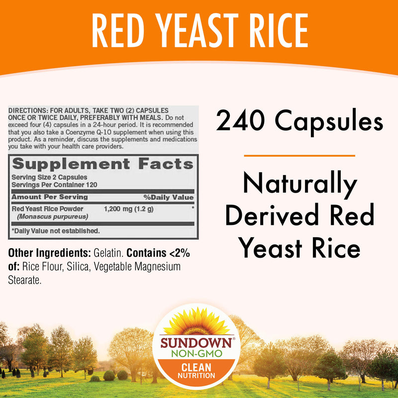 Sundown Red Yeast Rice 1200 mg Capsules (240 Count), Naturally Derived, Gluten Free, Dairy Free, Non-GMOˆ, Free of Gluten, Dairy, Artificial Flavors (Packaging May Vary) 240 Count (Pack of 1) - BeesActive Australia