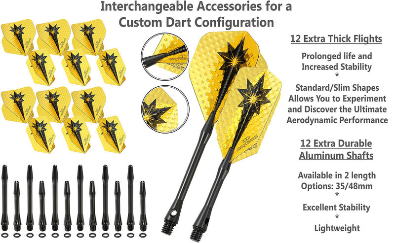 CC-Exquisite Professional Darts Set - 6 Steel Tip Darts Complete with 12 Dart Flights and 12 Aluminum Shafts Customizable Configuration, 12 O-Rings, Tool, Sharpener and Case for Man Cave & Game Room Luminary 18g/22g - BeesActive Australia