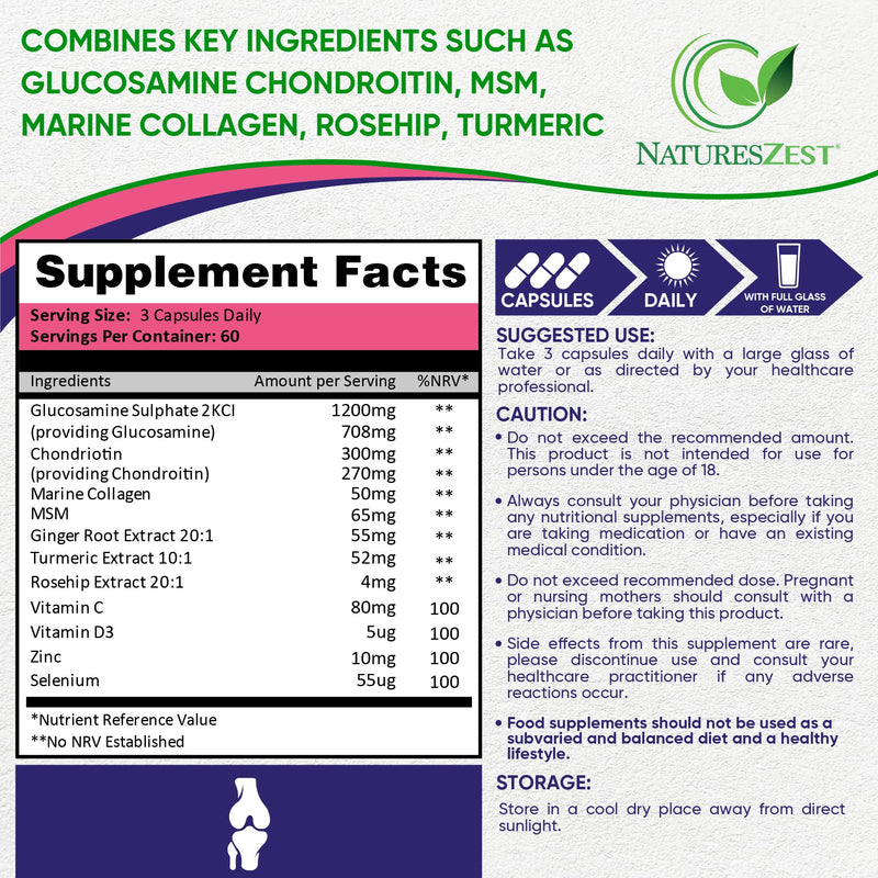 Glucosamine and Chondroitin High Strength Capsules - Glucosamine Complex with MSM � 180 Glucosamine Capsules - with Vitamin C, Rosehip, Turmeric Curcumin & Marine Collagen � UK Made by Natures Zest - BeesActive Australia