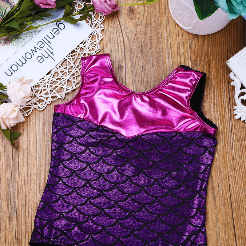 [AUSTRALIA] - TiaoBug Girls Metallic Leotard Sparkle Shiny Fish Scale Print Gymnastics Dance Clothes Athletic Bodysuit Outfit Purple 5-6 