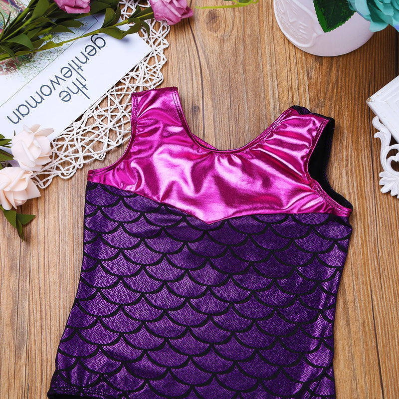[AUSTRALIA] - inlzdz Kids Girls Sleeveless Fish Scales Printed Splice Ballet Dance Gymnastic Leotard Fancy Dress up Costume Purple 5-6 