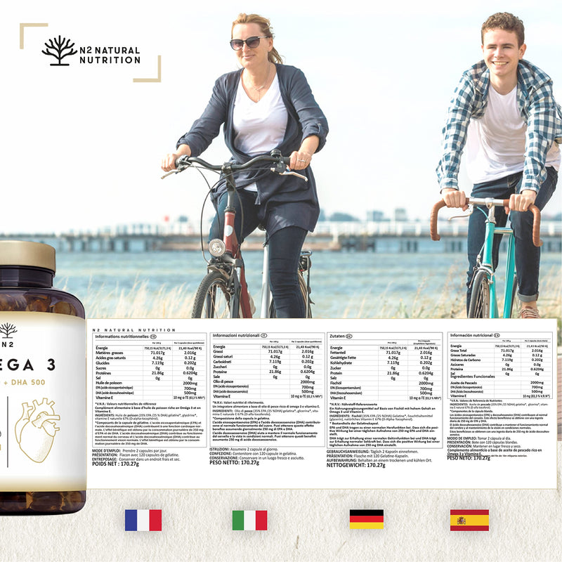 Omega 3 Fish Oil 2000mg Capsules. Super Strength | 700mg EPA + 500mg DHA per Daily Serving | Supports Normal Heart, Brain & Vision Function. Heavy Metal Free. 120 Softgel | N2 Natural Nutrition - BeesActive Australia