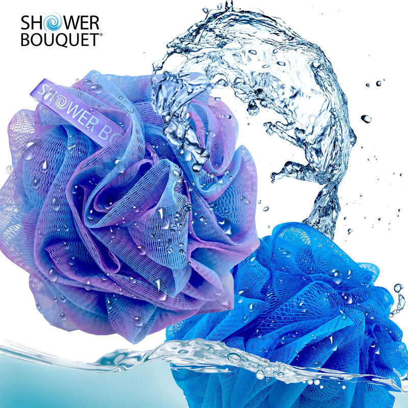 Loofah Bath-Sponge Swirl-Deep-Set-XL-75g by Shower Bouquet - Extra Large 4 Pack, Soft Mesh Net Luffa Loofa Loufa Puff - Exfoliating Body Scrubber for Women and Men: Soothing Face & Body Exfoliator Blue-lavender, Blue-green, Turquoise-blue, Green-lavender - BeesActive Australia