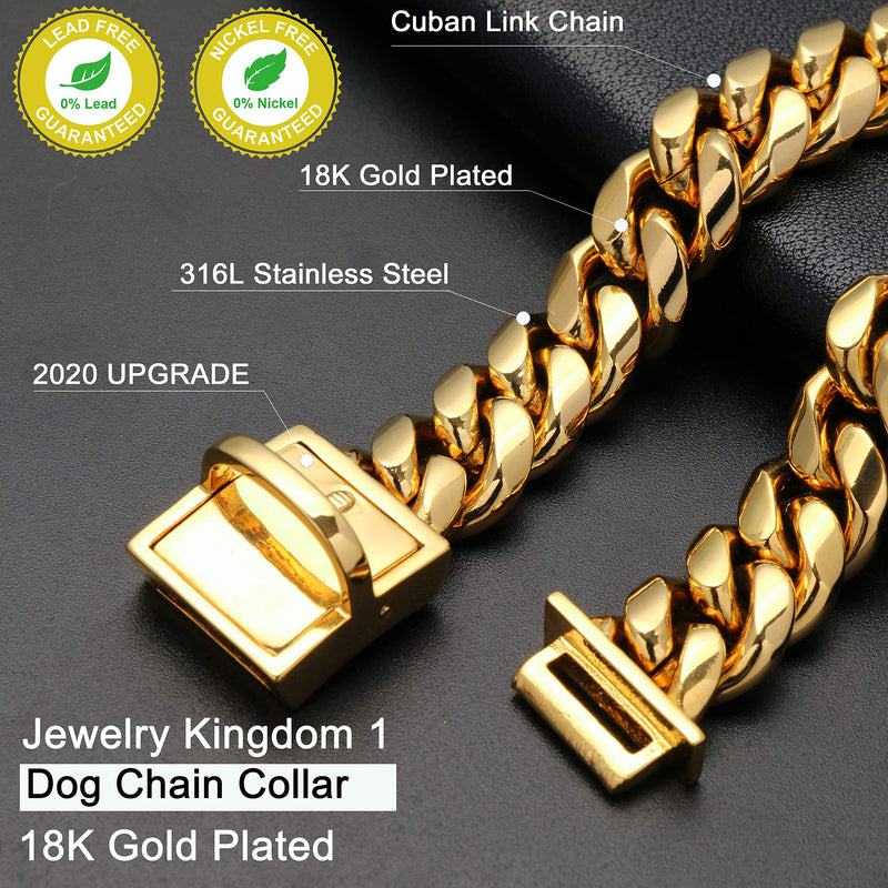 Jewelry Kingdom 1 Gold Dog Chain Collar with Dog ID Tag 18K Metal Stainles Steel Cuban Link Chain Strong Heavy Duty Chew Proof Walking Training Collar 10in to 26in for Small, Medium, Large Dogs 18" (Fits Dog Neck 16" to 17.5") - BeesActive Australia
