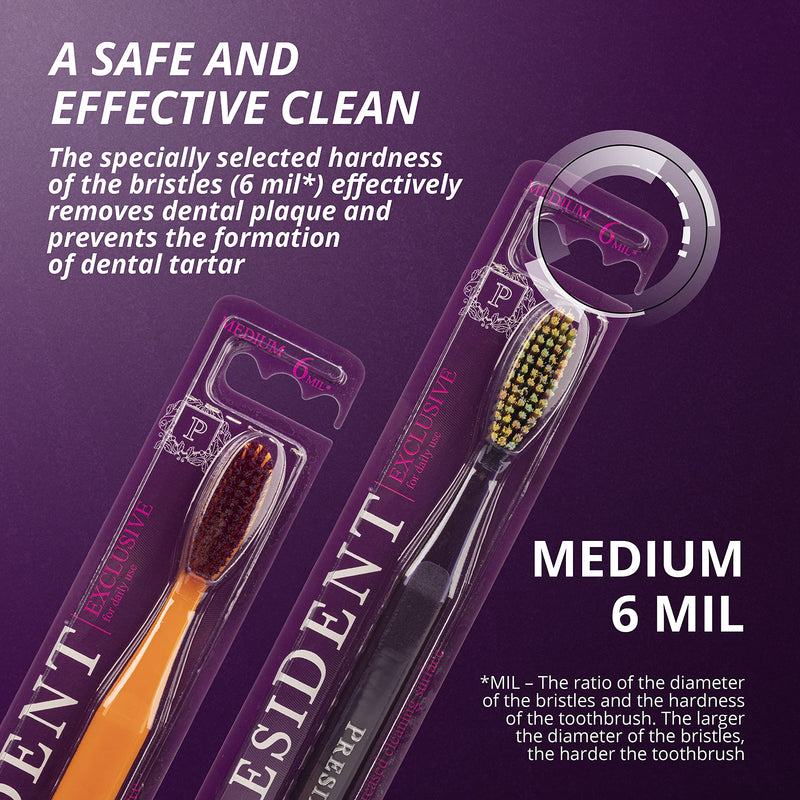 PRESIDENT Exclusive Medium Toothbrush -- Cleans and Removes Plaque, Tartar and Staining to Prevent Cavities -- 6 MIL (Orange/Purple) Orange/Purple - BeesActive Australia