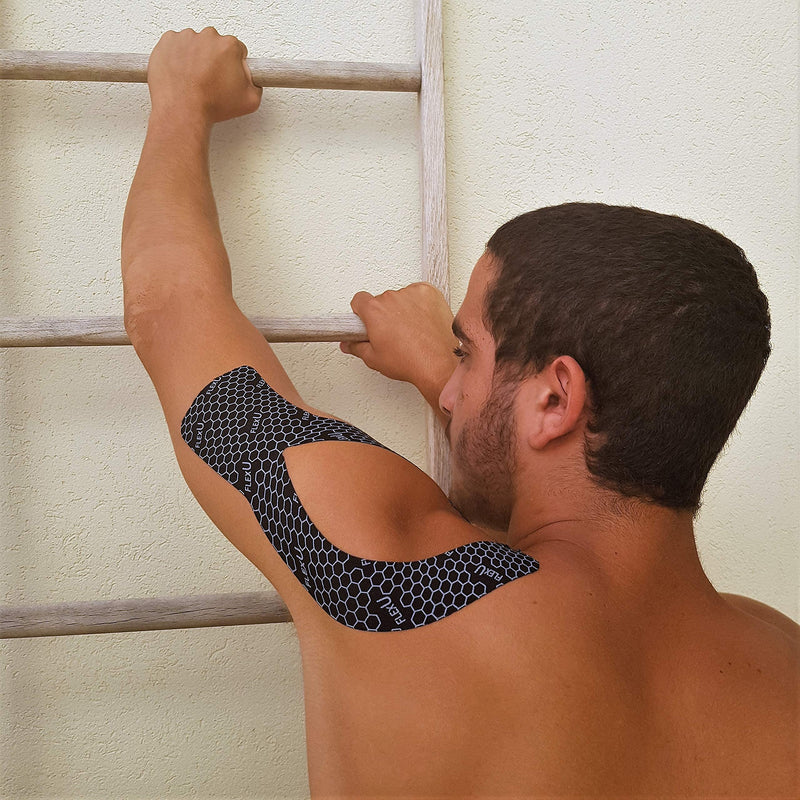 FlexU Kinesiology Tape ; Ultra-Wide Y Shape ; 3 or 4 Wide x 10 Long Pre Cut Strips; Designed for Knee, Shoulder & Back (Lower & Upper) Applications. 2 Roll Pack Black. 3" Pre-cut Y Shape Kinesiology Tape - BeesActive Australia