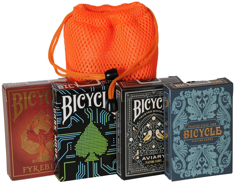 Playing Card Custom Bundle - Bicycle Fyrebird, Aviary, Dark Mode & Sea King with Orange Mesh Storage Pouch - BeesActive Australia