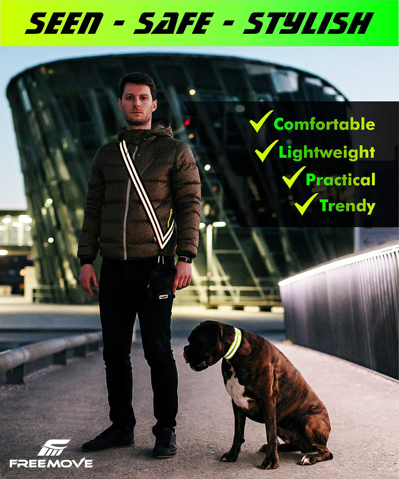 FREEMOVE Reflective SASH with 2 Bands - or - Reflective Runners Waist Belt with 4 Arm Bands > Easy to Put On/Off Reflective Gear for Guaranteed Visibility & Safety for Dog Walking, Running, Cycling Black SASH and BANDS - BeesActive Australia